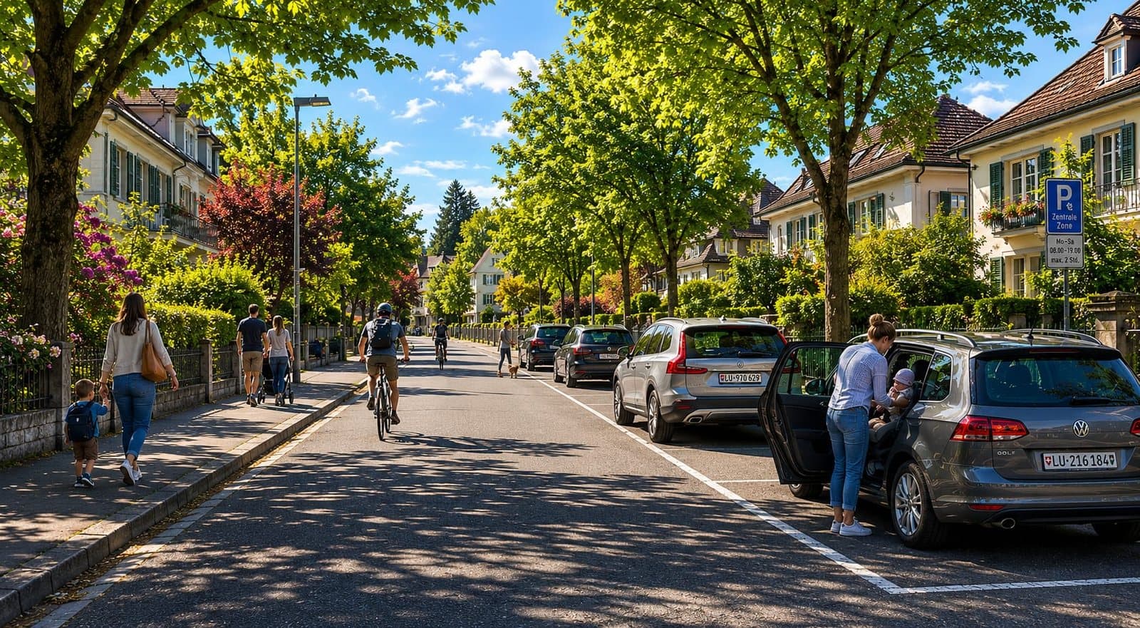 Begrünte Luzerner Quartierstrasse mit parkierten Autos, Velofahrer, Familien und Parkfeld-Markierungen
